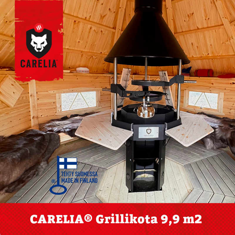 Carelia® Grillikota 9,9 m2 mahtuu grilli sivupöydillä ja vielä jää tilaakin