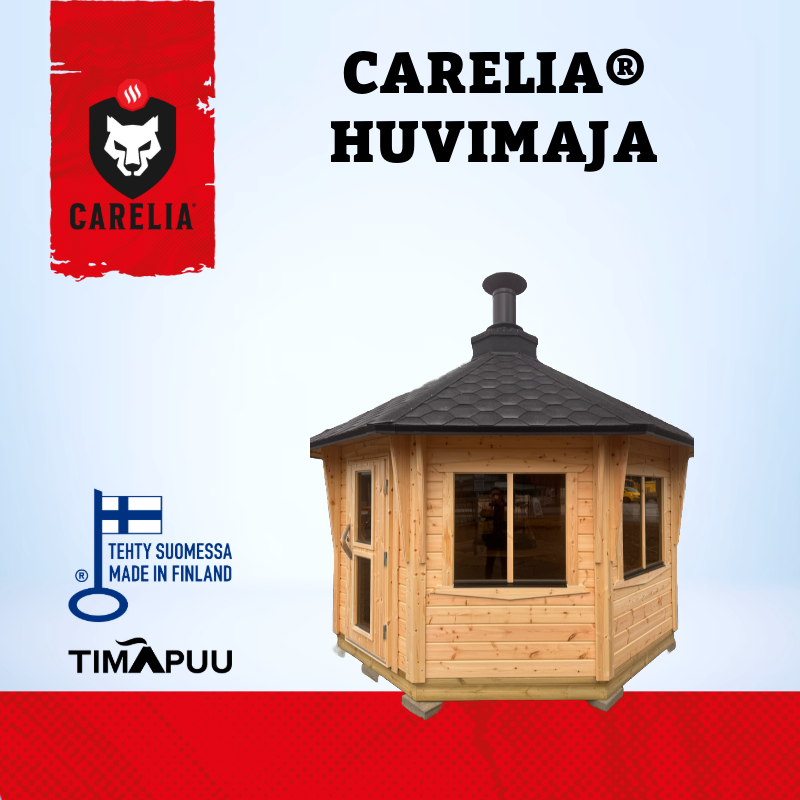 Carelia® Huvimaja 9,9 m2 on suomessa valmistettu isoilla ikkunoilla varustettu kotarakennus.