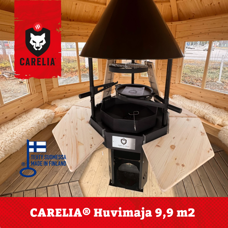 Carelia® Huvimaja 9,9 m2 on avara ja valoisa kotarakennus, johon mahtuu hyvin isompikin porukka.