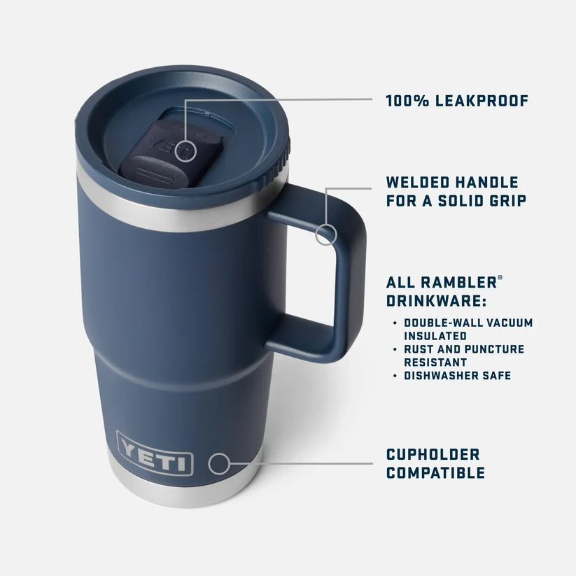 Yeti Rambler 591 ml matkamukissa on tukeva kahva, vuotamaton kansi ja se sopii mukitelineeseen