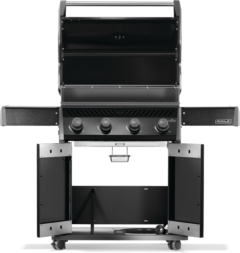Napoleon Rogue 525-2 - kaapit ja luukku auki, näkymä grillin sisään.