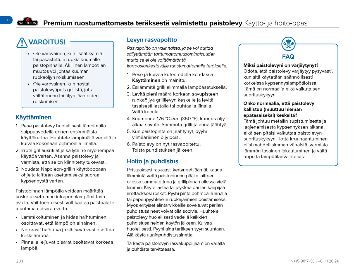 Napoleon täysikokoisen parilan käyttöohje sivu 2