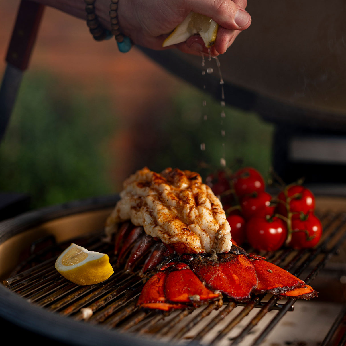 Sitruunaa puristetaan grillattavan kalan päälle kamadogrillissä