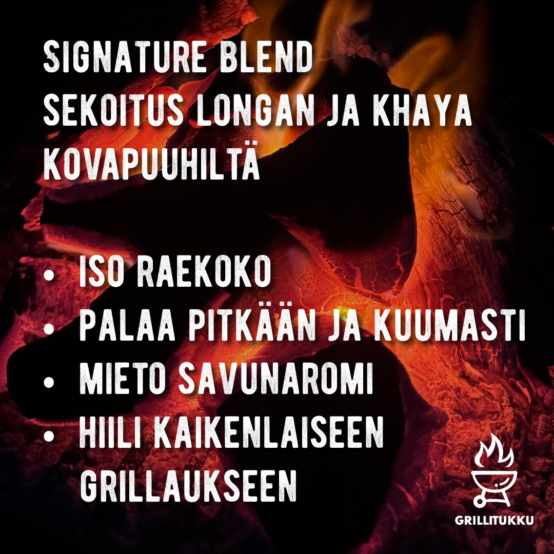 Grillitukku Signature Blend kovapuuhiilipakkaus toimitetaan kätevässä 10 kg pahvipakkauksessa, jossa hiilet ovat suojamuovin sisällä ja näin säilyvät hyvin. Hiilien koko on keskikokoista ja isoa, joka palaa pitkään korkealla lämpötilalla. Miedon savunaromin ansiosta hiili sopii kaikenlaiseen grillaukseen suoralla tulella tai pitkään low and slow kypsytykseen esimerkiksi Briskettiä savustaessa.